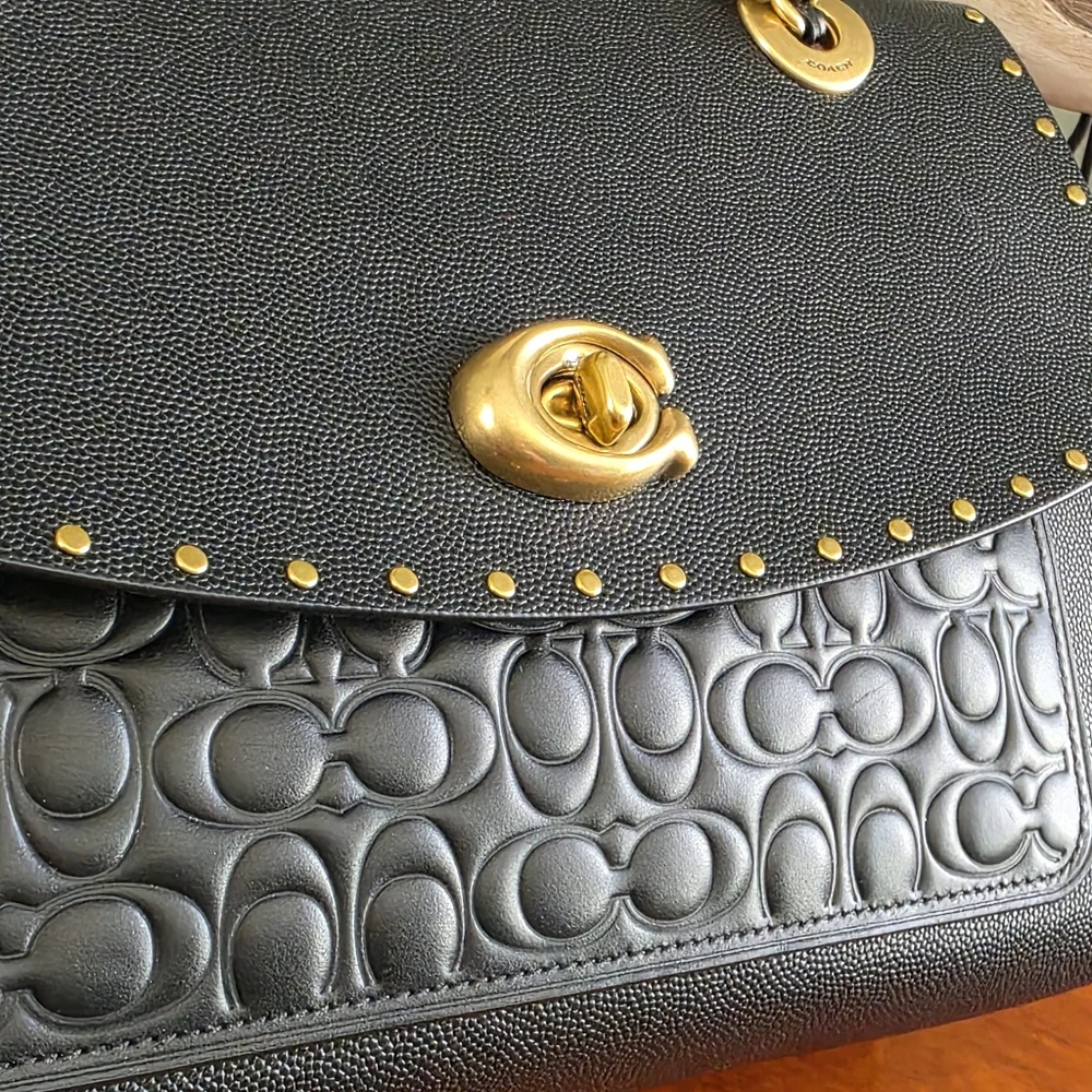 Coach 53344 Parker Black Leather Genuine Snakeskin Rivet Chain Shoulder Bag